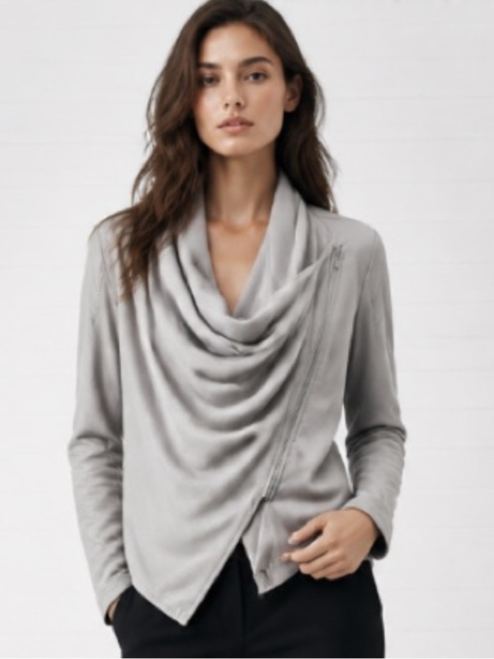 BLANK NYC Gray Jacket Faux Leather Vegan Knit Moto Asymmetrical Zip Drapey